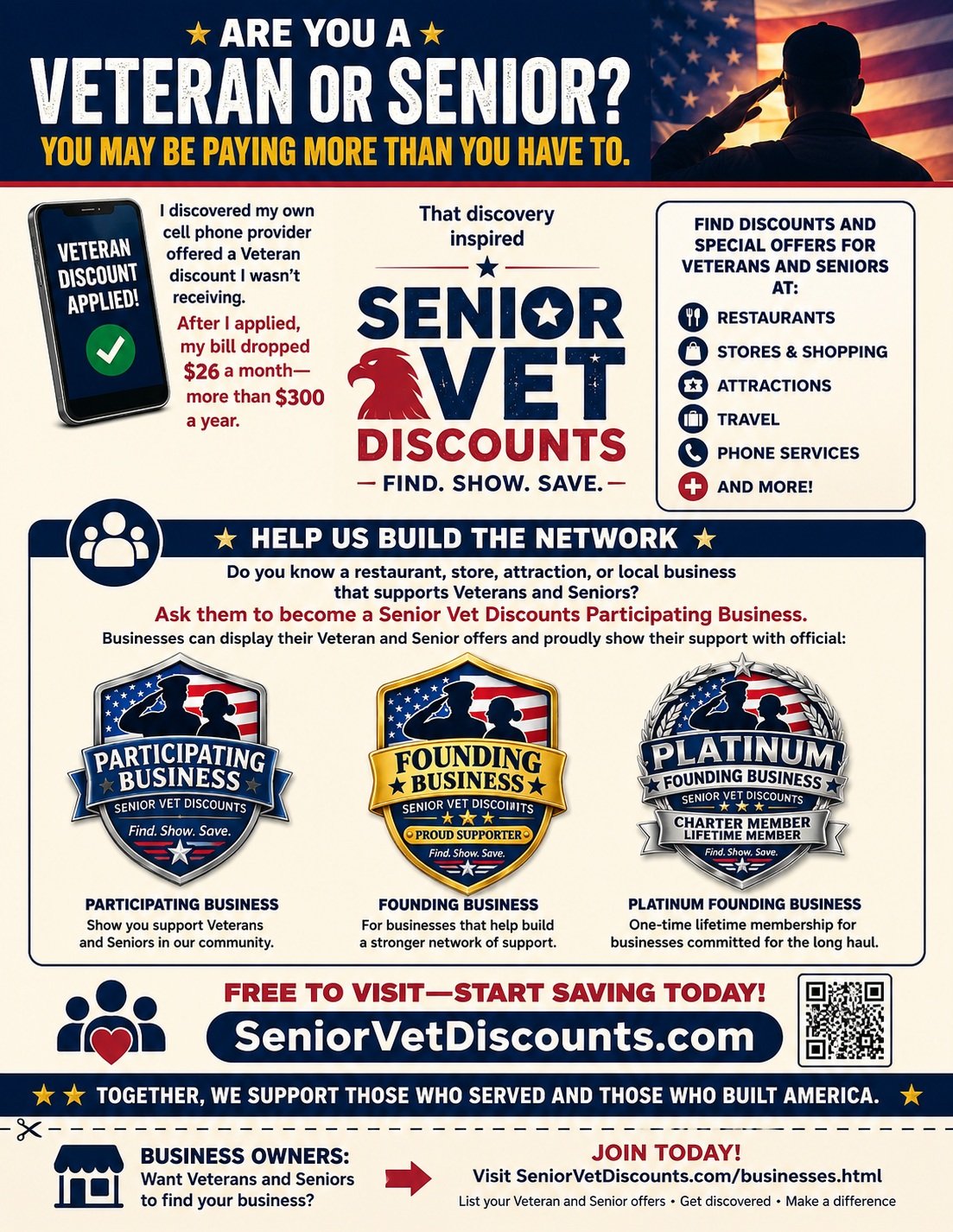 Senior Vet Discounts printable community flyer for Veterans, Seniors and participating businesses
